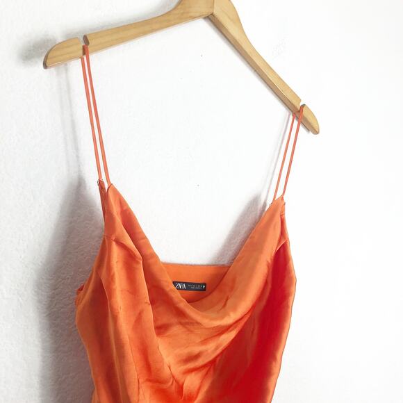 Zara Orange Satin Draped Effect Mini Dress Size Large Ruched Cocktail Halloween - Picture 6 of 14